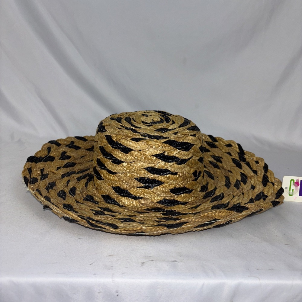 NWT Woven Straw Hat Wide Brim Black Animal Print Beach Casual Sun Hat NEW - Picture 2 of 11